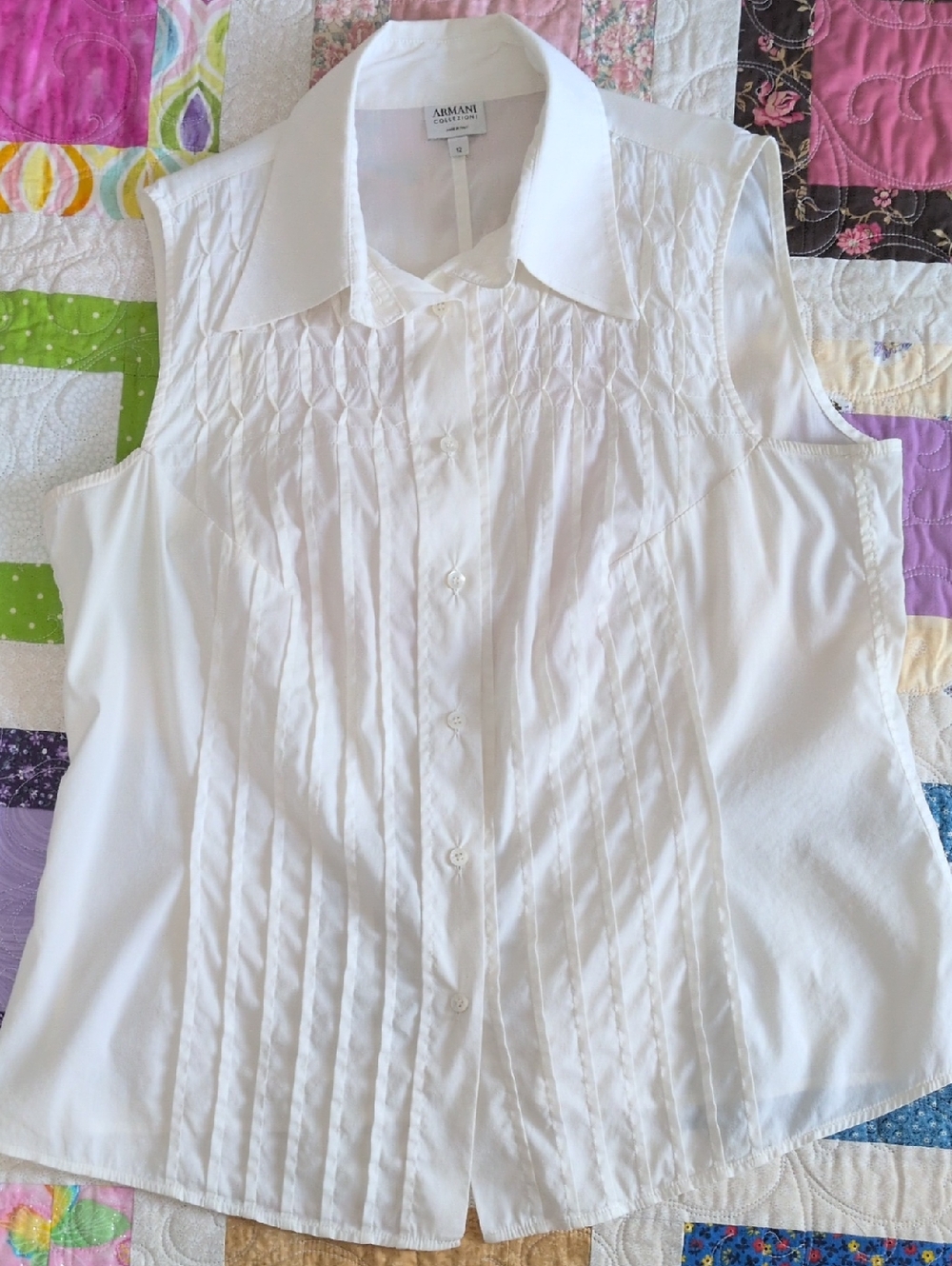 Armani Collezioni White Sleeveless Pleated Button Front Blouse Italy